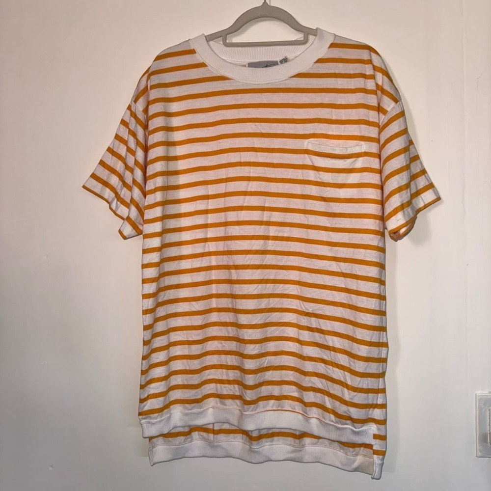 Signature Womens Sz XL Relaxed Fit Tee Shirt Orange Striped Short Sleeves Casual